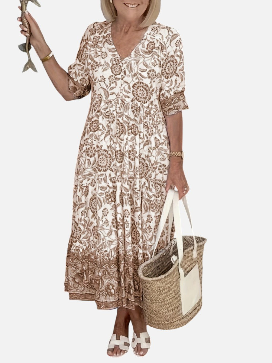 Women's Floral V-Neck Midi Dress - Relaxed Summer Elegance product image | Invictora.com