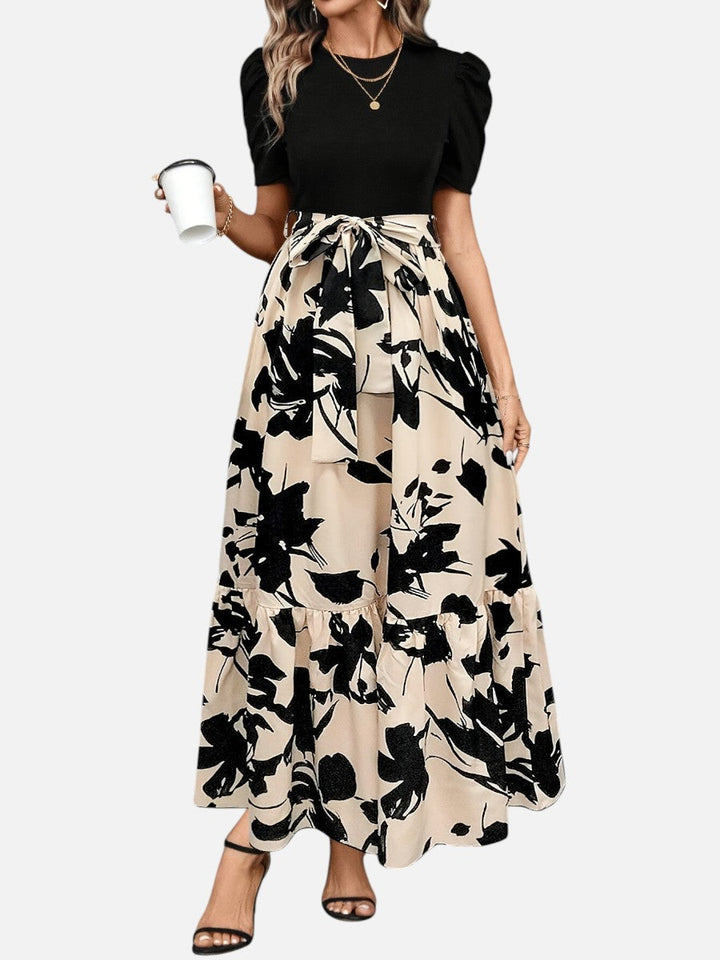 Women's Floral Midi Dress – Puff Sleeve Belted Waist in Beige | Invictora.com