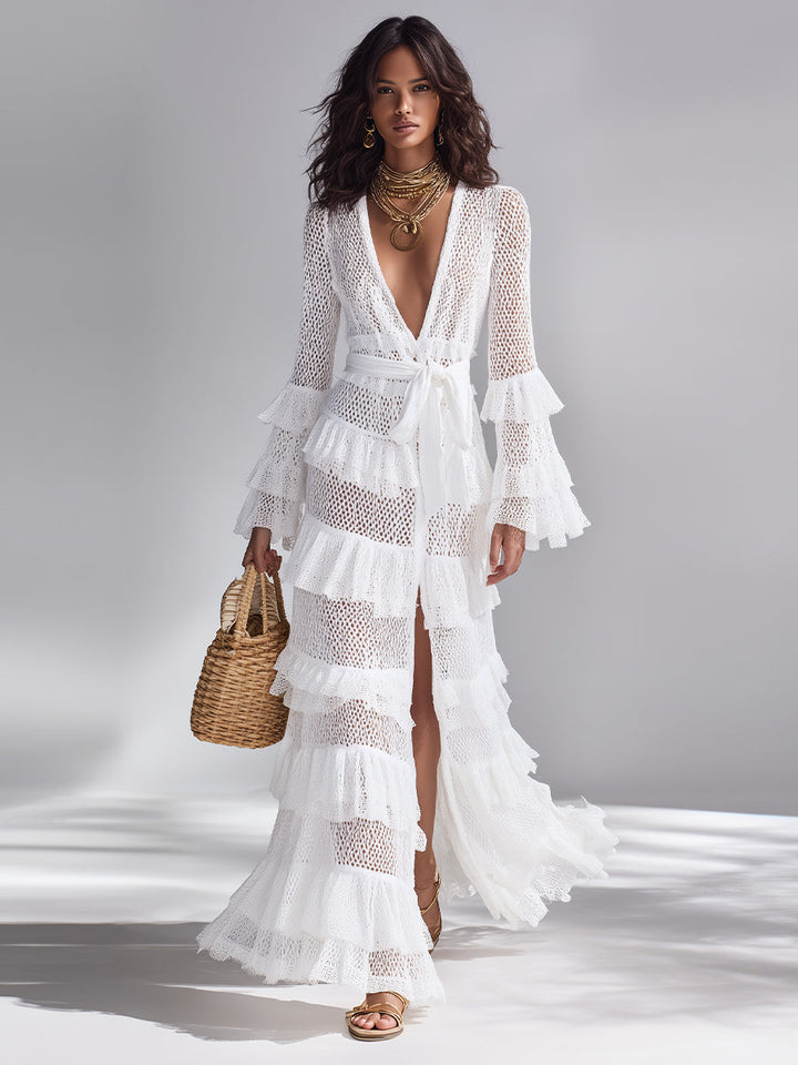 Women's Ruffled V-Neck Crochet Cardigan with Inner Tank Top