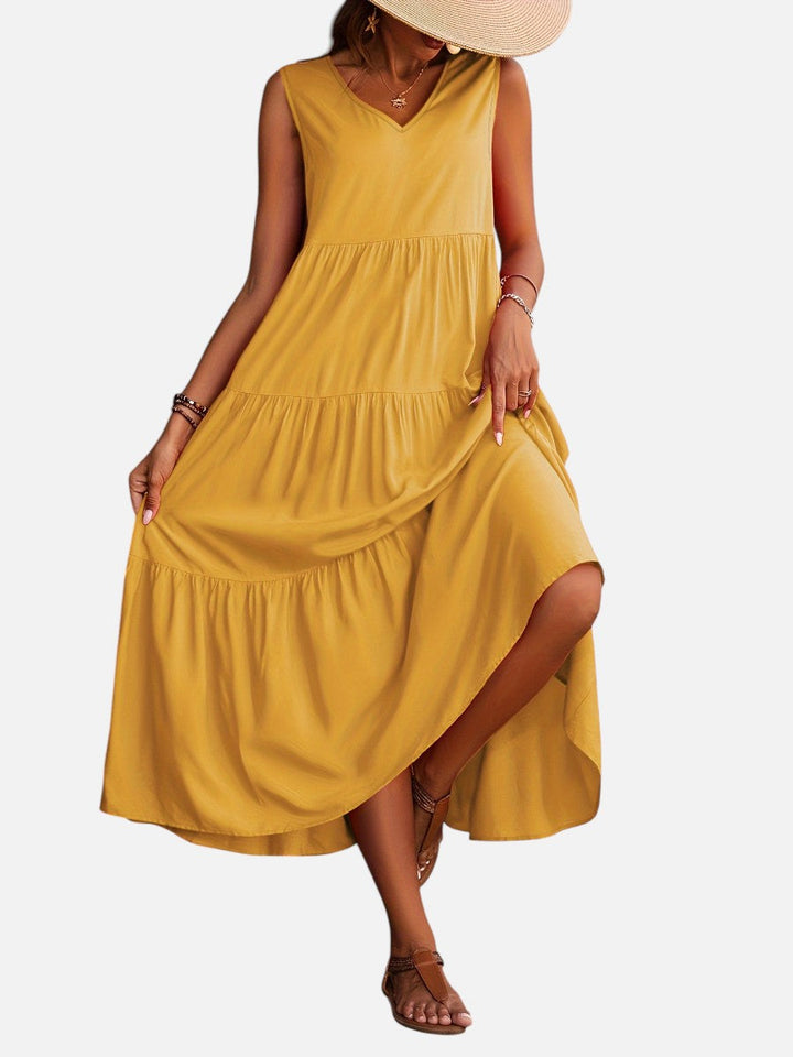 Women's V-Neck Tiered Maxi Dress – Effortless Summer Elegance in Yellow | Invictora.com
