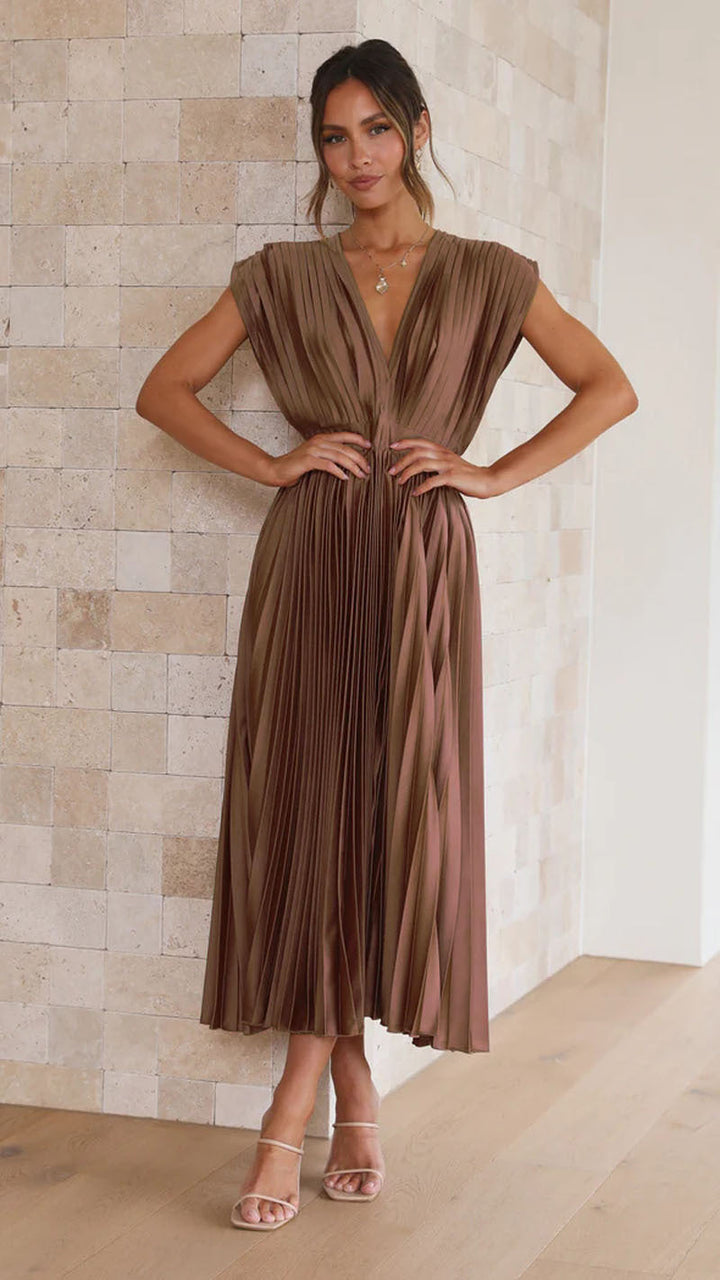 Women's Midi Dress – V-Neck Pleated Party