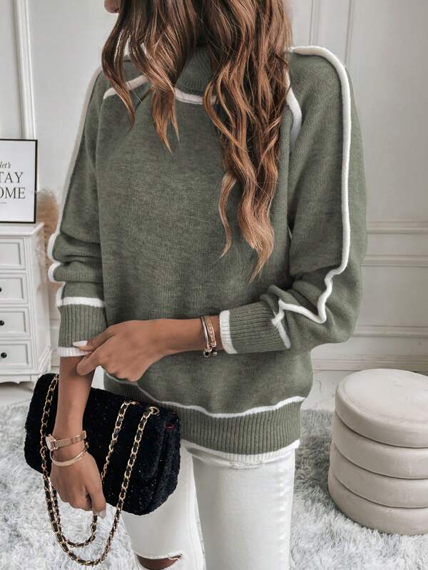 Women's Jumper – Cropped Striped Ribbed Knit Turtleneck
