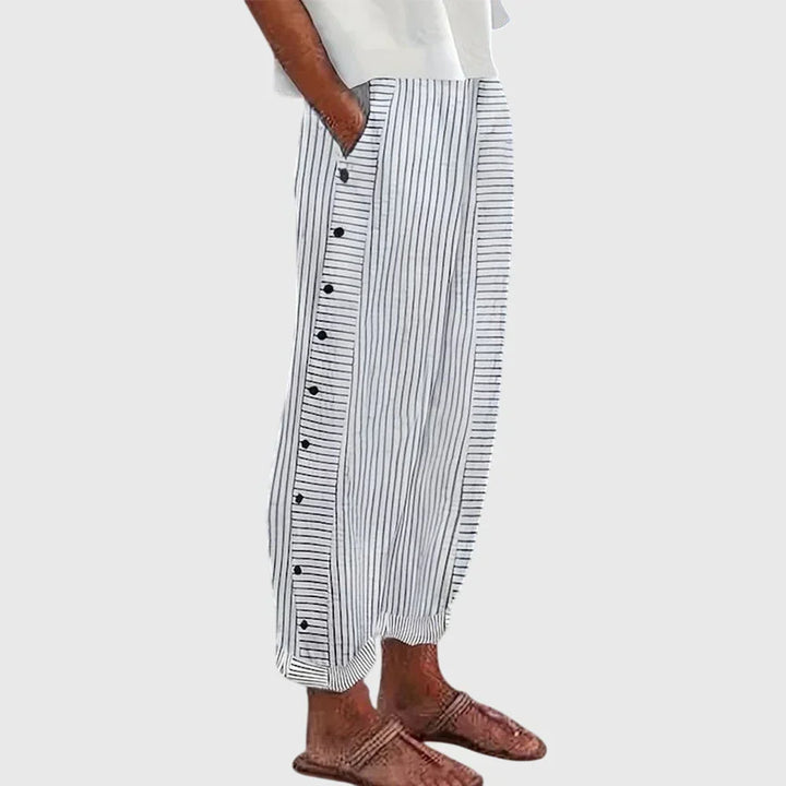 Women's Striped Button Detail Trousers – Relaxed Fit in White | Invictora.com