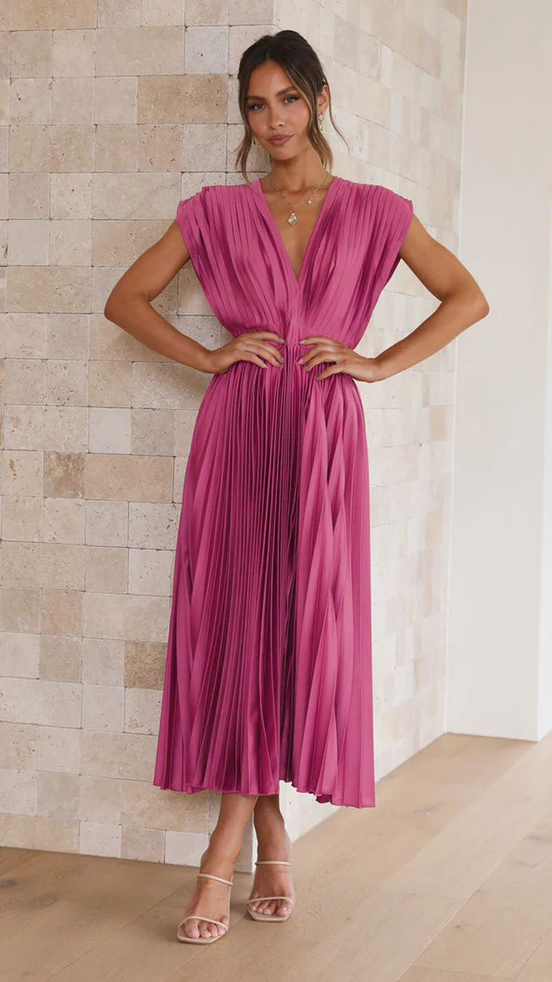 Women's Midi Dress – V-Neck Pleated Party