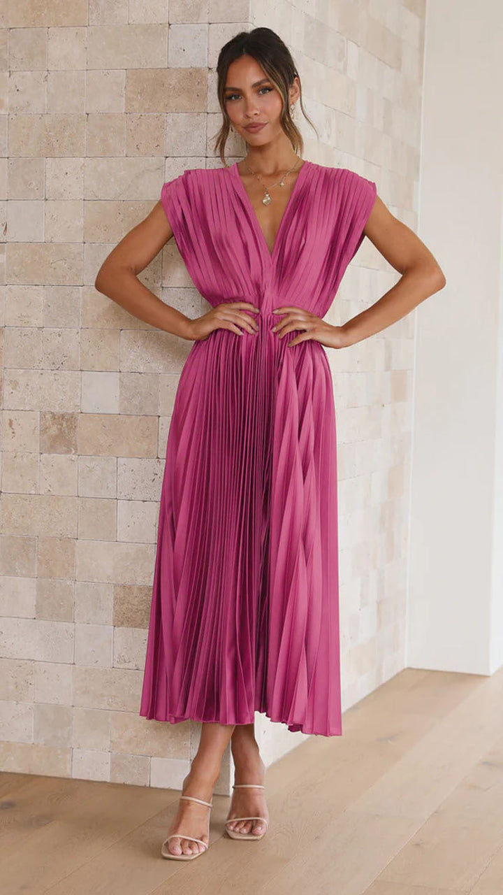 Women's Midi Dress – V-Neck Pleated Party