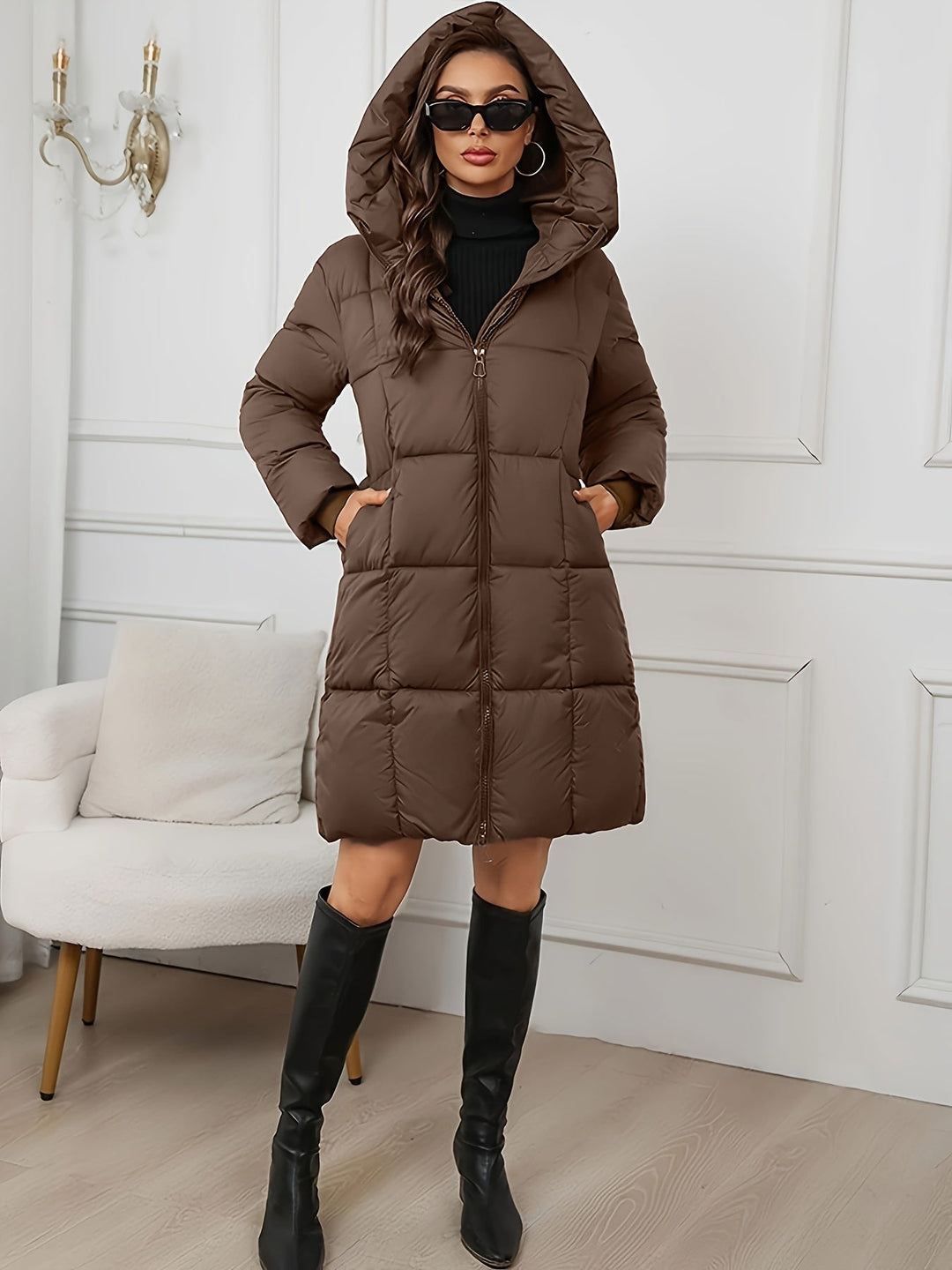 Longline Hooded Puffer Coat with Full-Zip Front