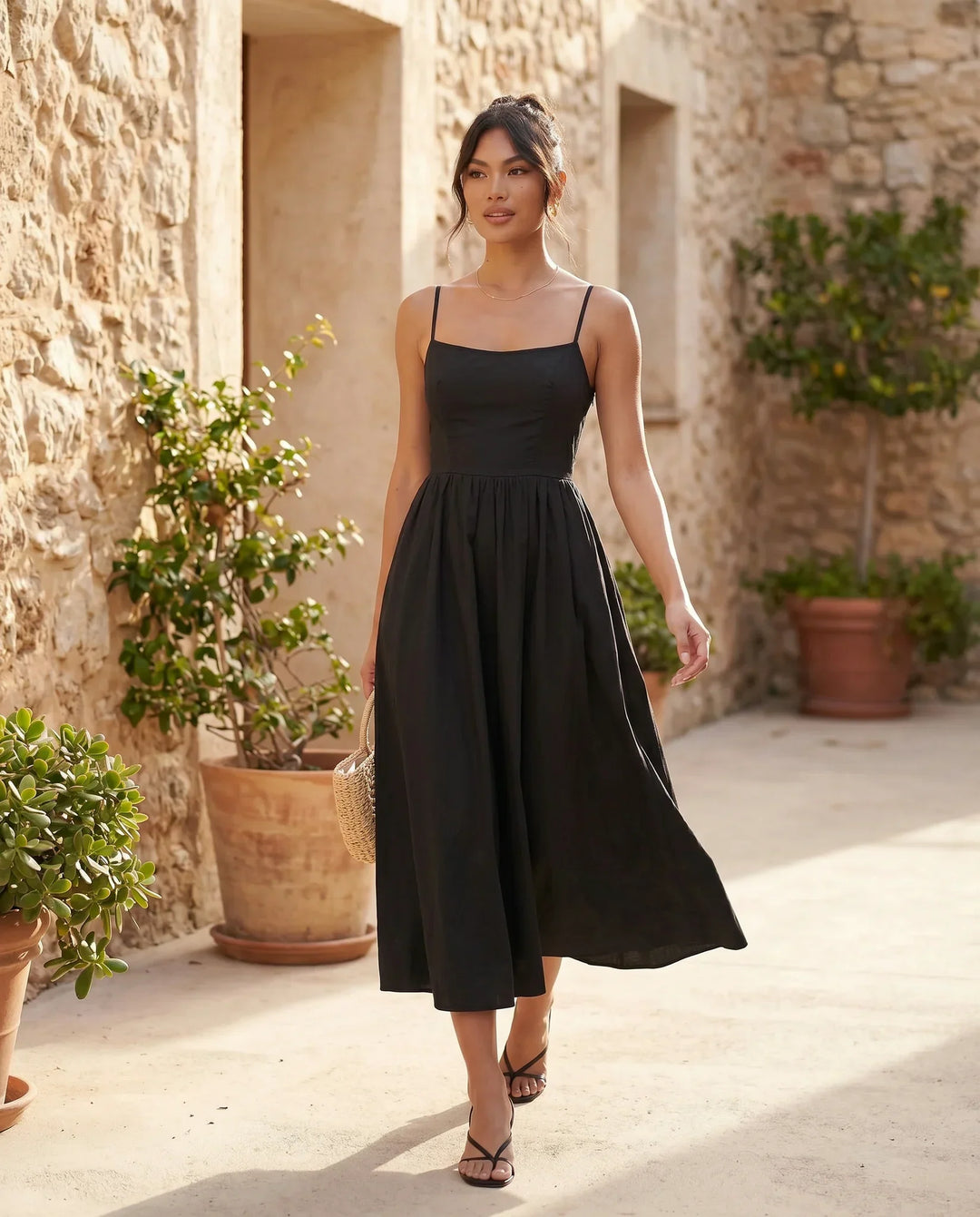 Women's Layla Spaghetti Strap Low Back Midi Dress in Navy | Invictora.com