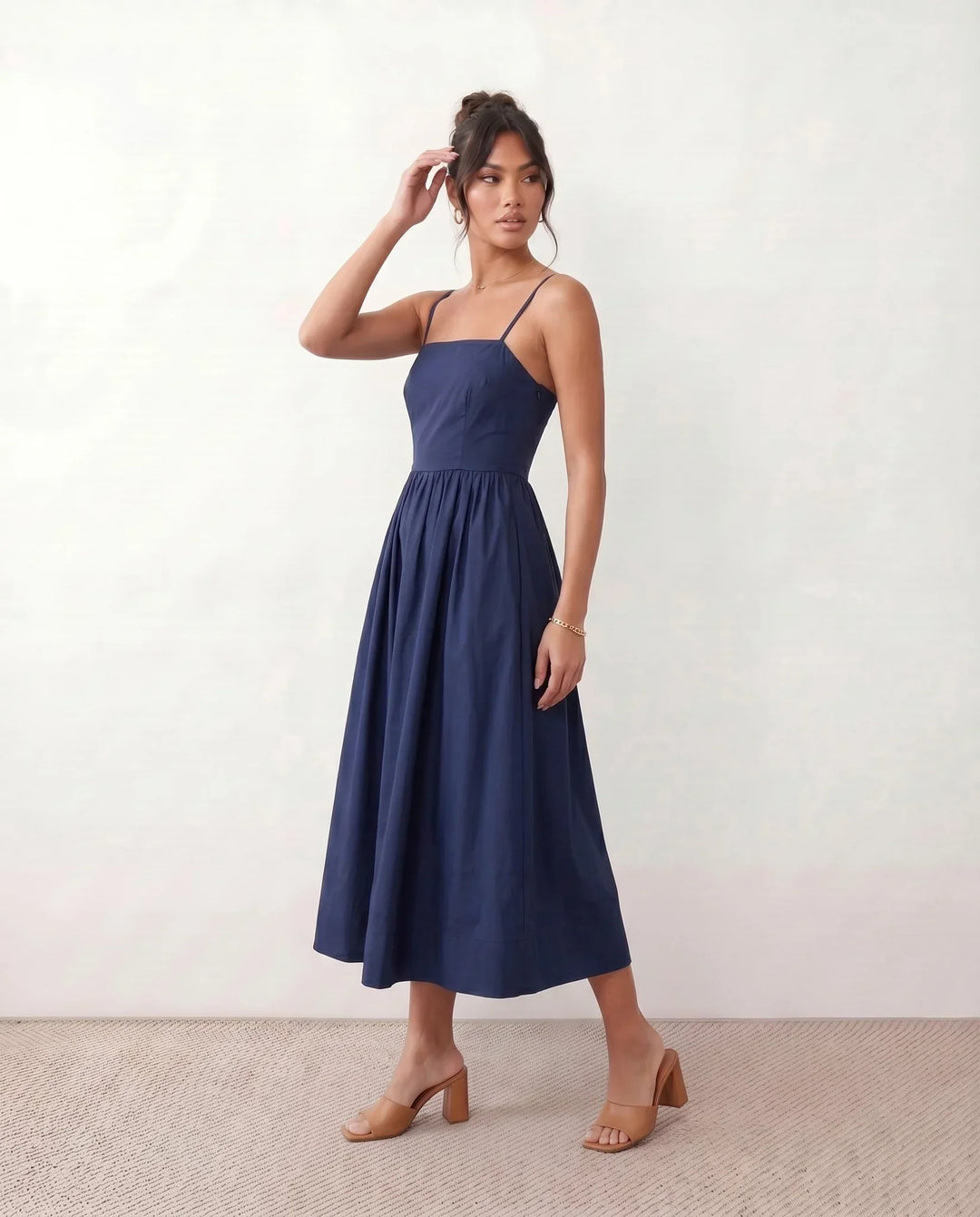 Women's Layla Spaghetti Strap Low Back Midi Dress in Black | Invictora.com