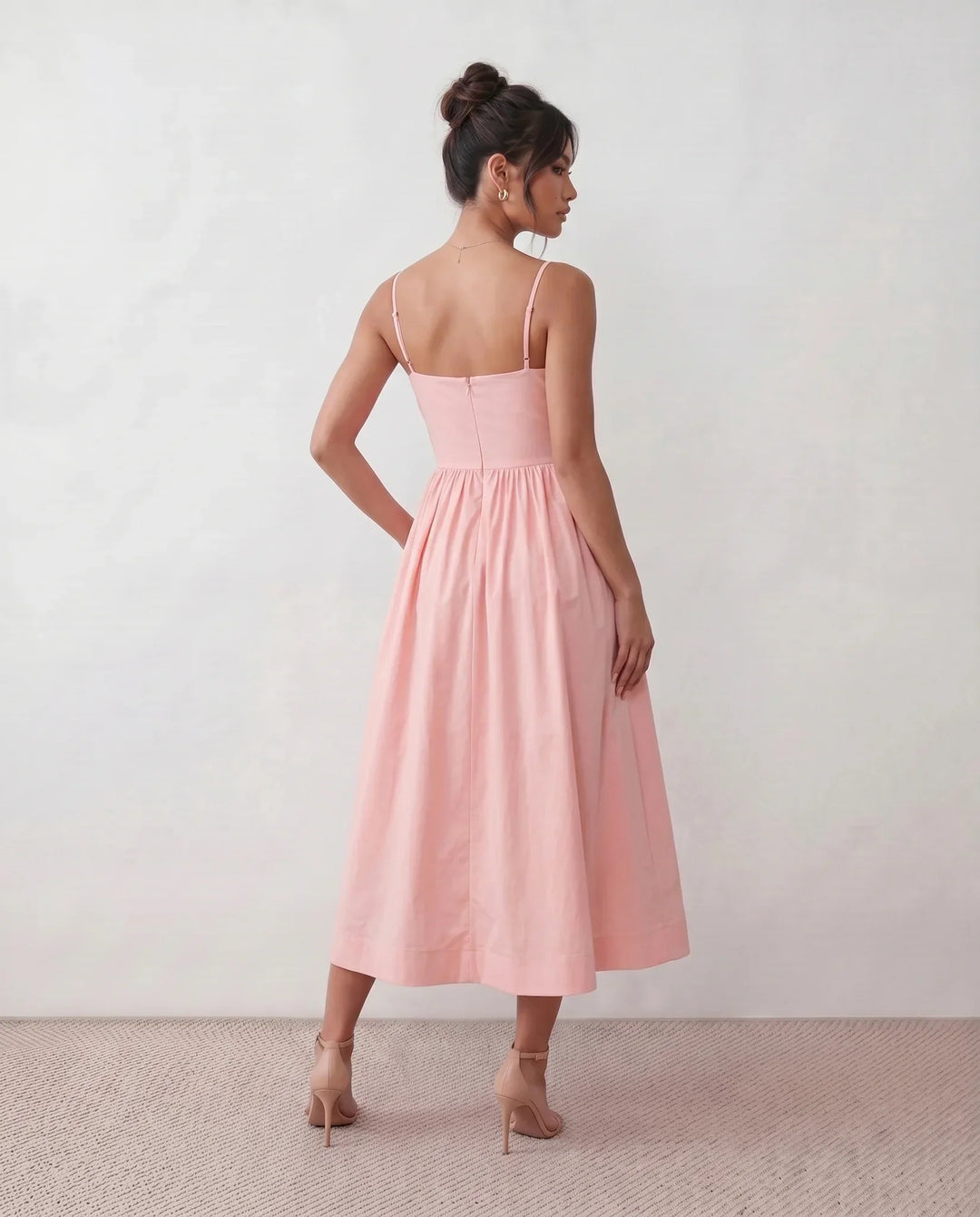 Women's Layla Spaghetti Strap Low Back Midi Dress in Pink | Invictora.com