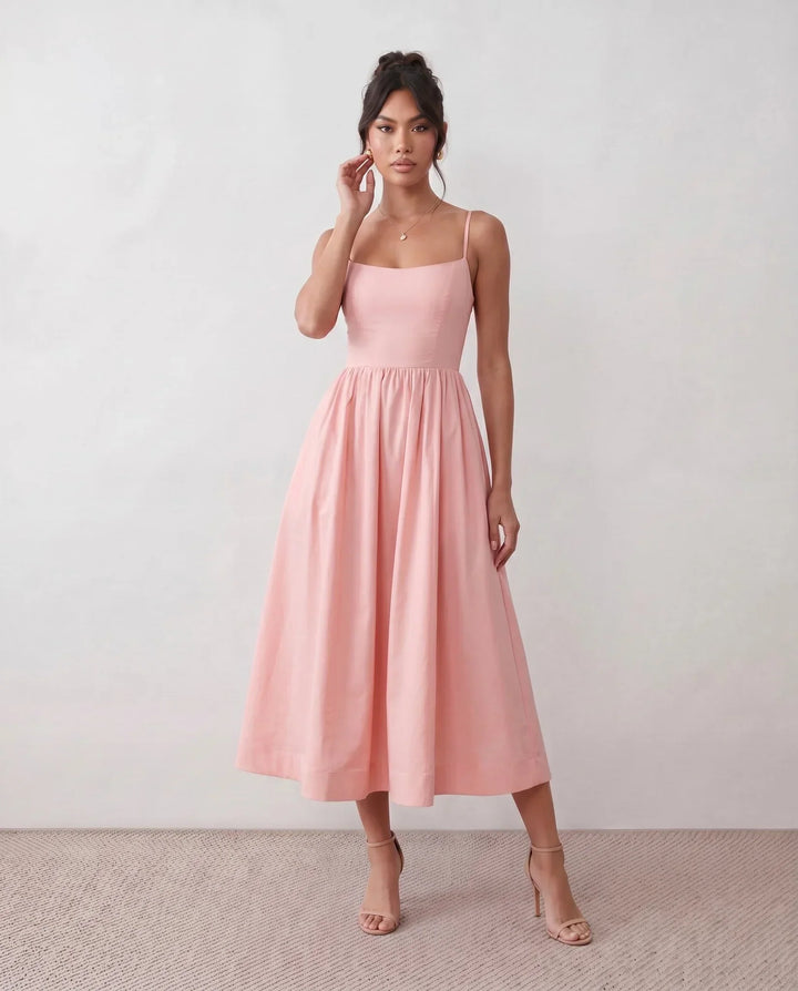 Women's Layla Spaghetti Strap Low Back Midi Dress in Pink | Invictora.com