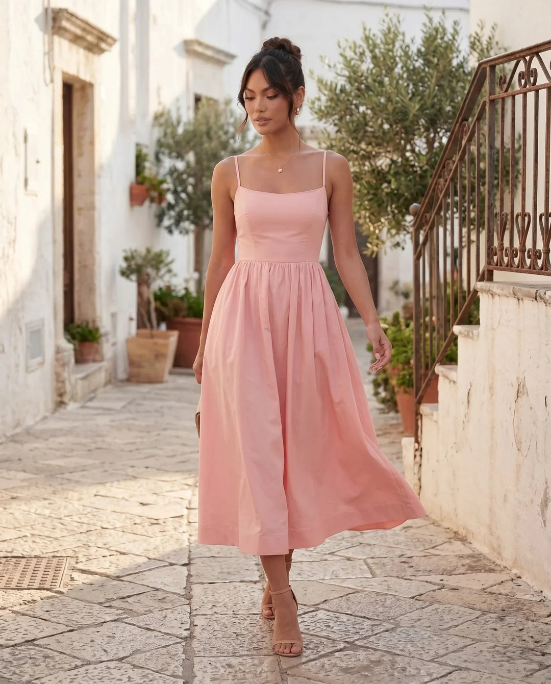 Women's Layla Spaghetti Strap Low Back Midi Dress in Light Blue | Invictora.com