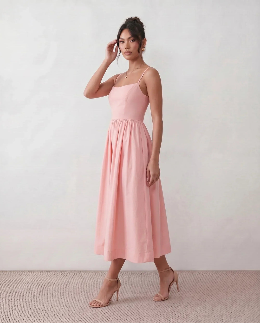 Women's Layla Spaghetti Strap Low Back Midi Dress in Pink | Invictora.com