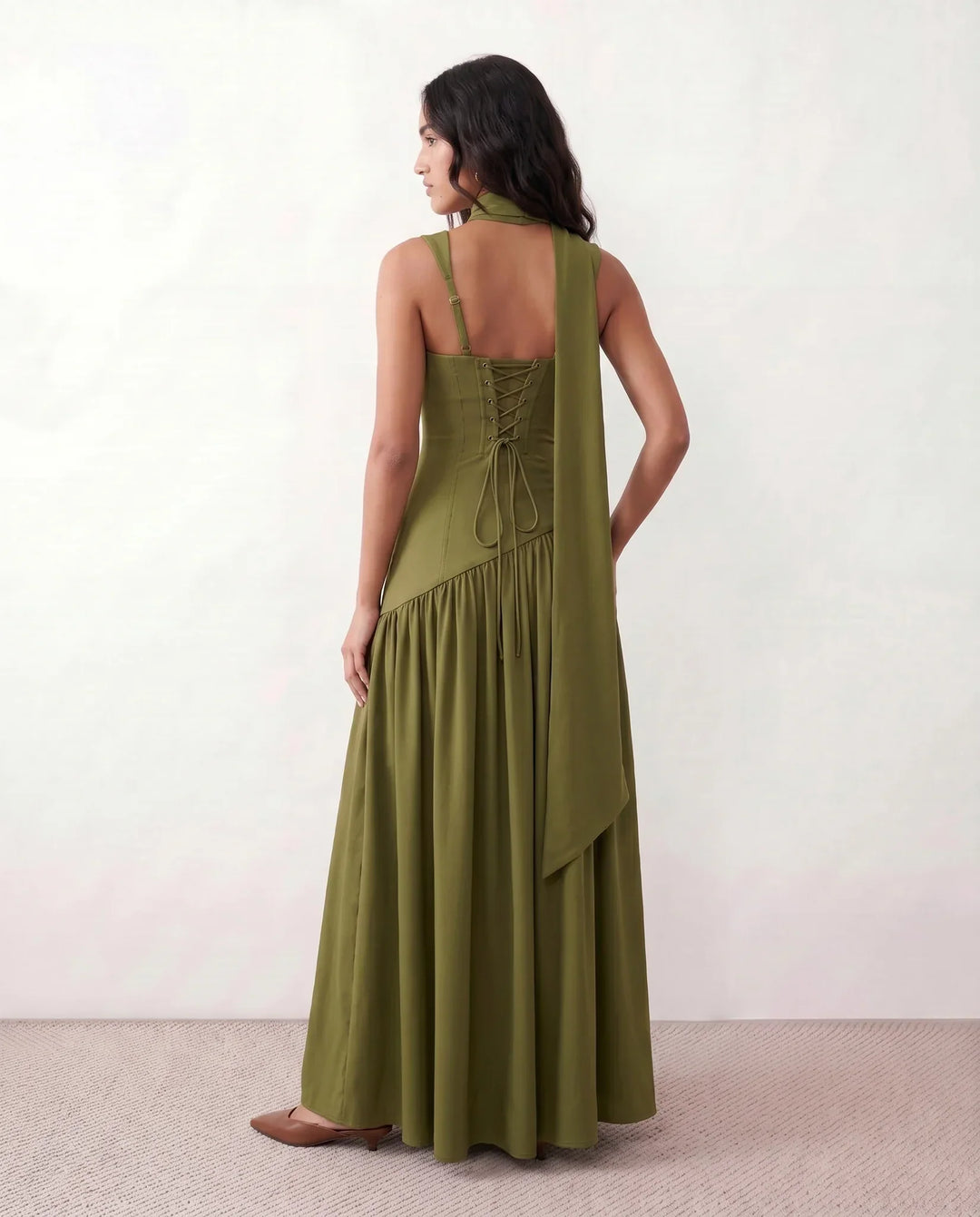 Women's Emelie Basque Waist Lace-Up Maxi Dress in Black | Invictora.com