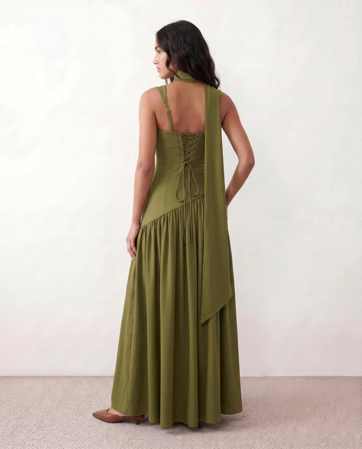 Women's Emelie Basque Waist Lace-Up Maxi Dress in Black | Invictora.com