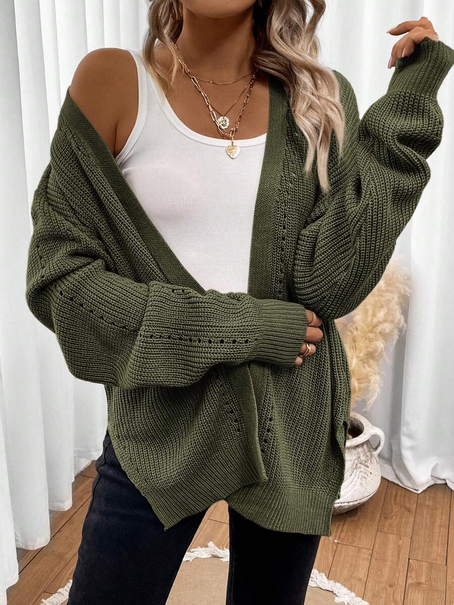 Women's Cardigan – Drop Shoulder Pointelle Knit