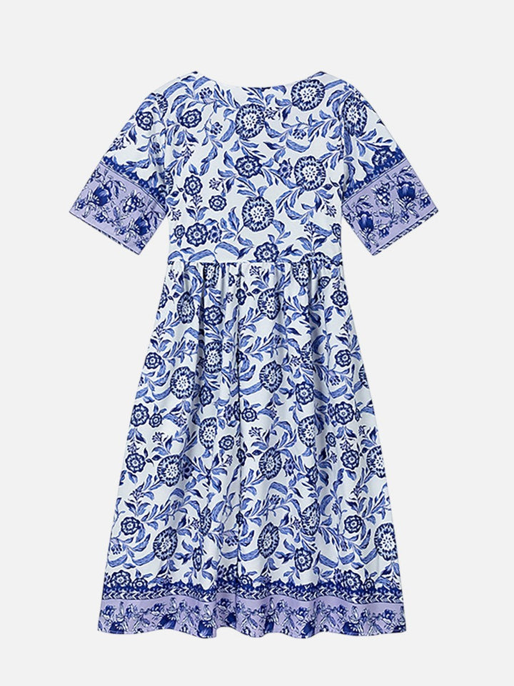 Women's Floral V-Neck Midi Dress – Relaxed Summer Elegance in Blue | Invictora.com