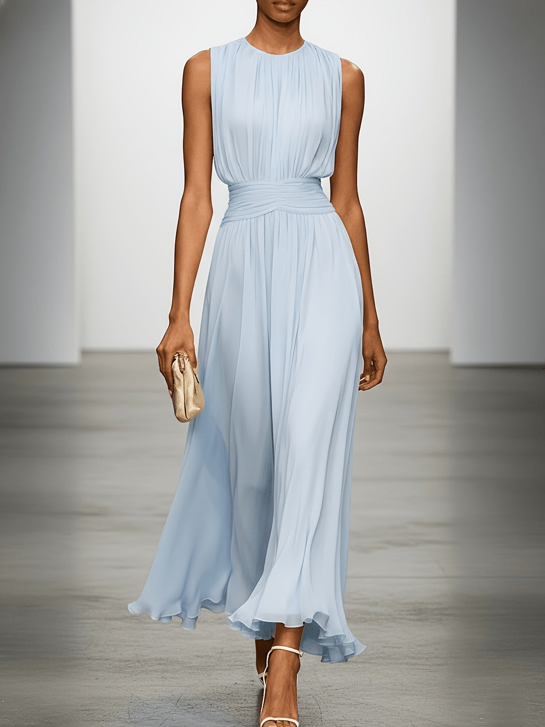 Women's Arabella – Pleated Maxi Wedding Guest Dress With Ruched Waist in Light Blue | Invictora.com