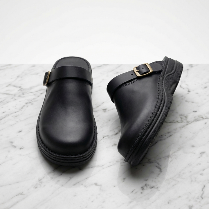 Women's Aria Leather Clogs in Dark Brown | Invictora.com