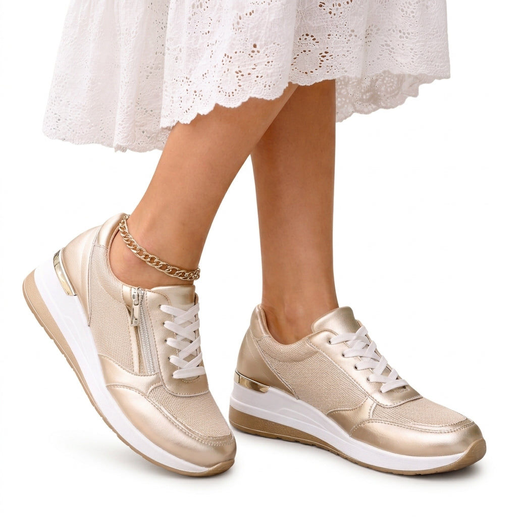 Women's Chloe Lace Up Sneakers in Gold | Invictora.com
