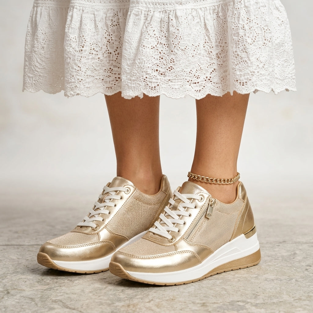 Women's Chloe Lace Up Sneakers in Gold | Invictora.com
