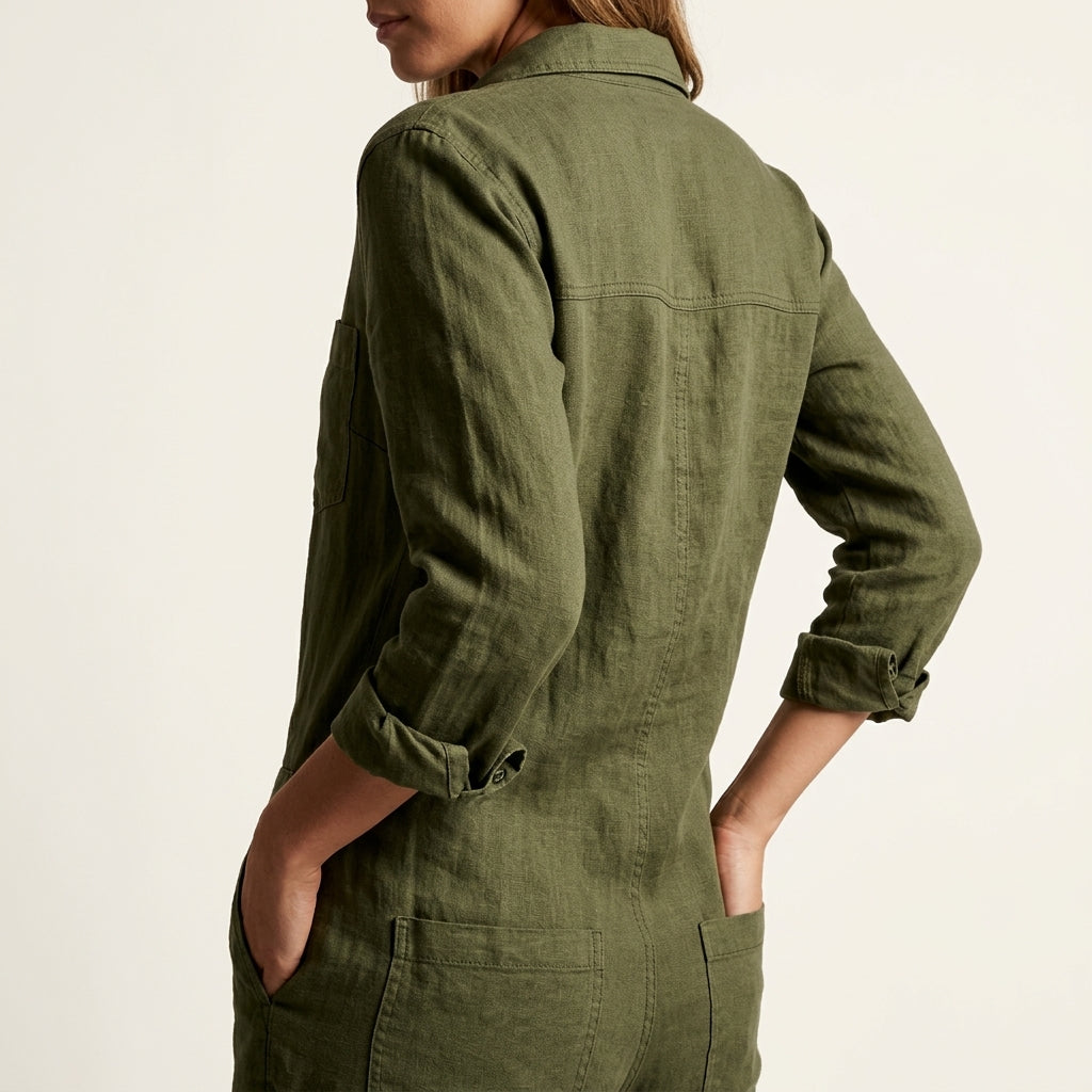 Women's Elvinae Linen Jumpsuit in Green | Invictora.com