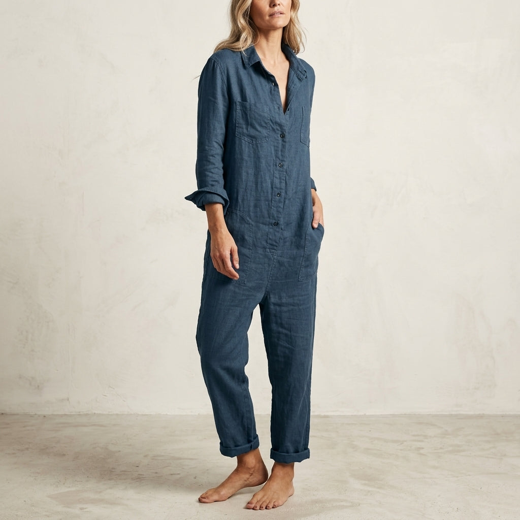 Women's Elvinae Linen Jumpsuit in Green | Invictora.com