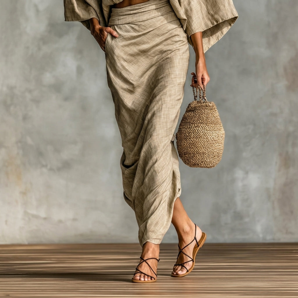 Women's Holly Cotton Skirt Set in Beige | Invictora.com
