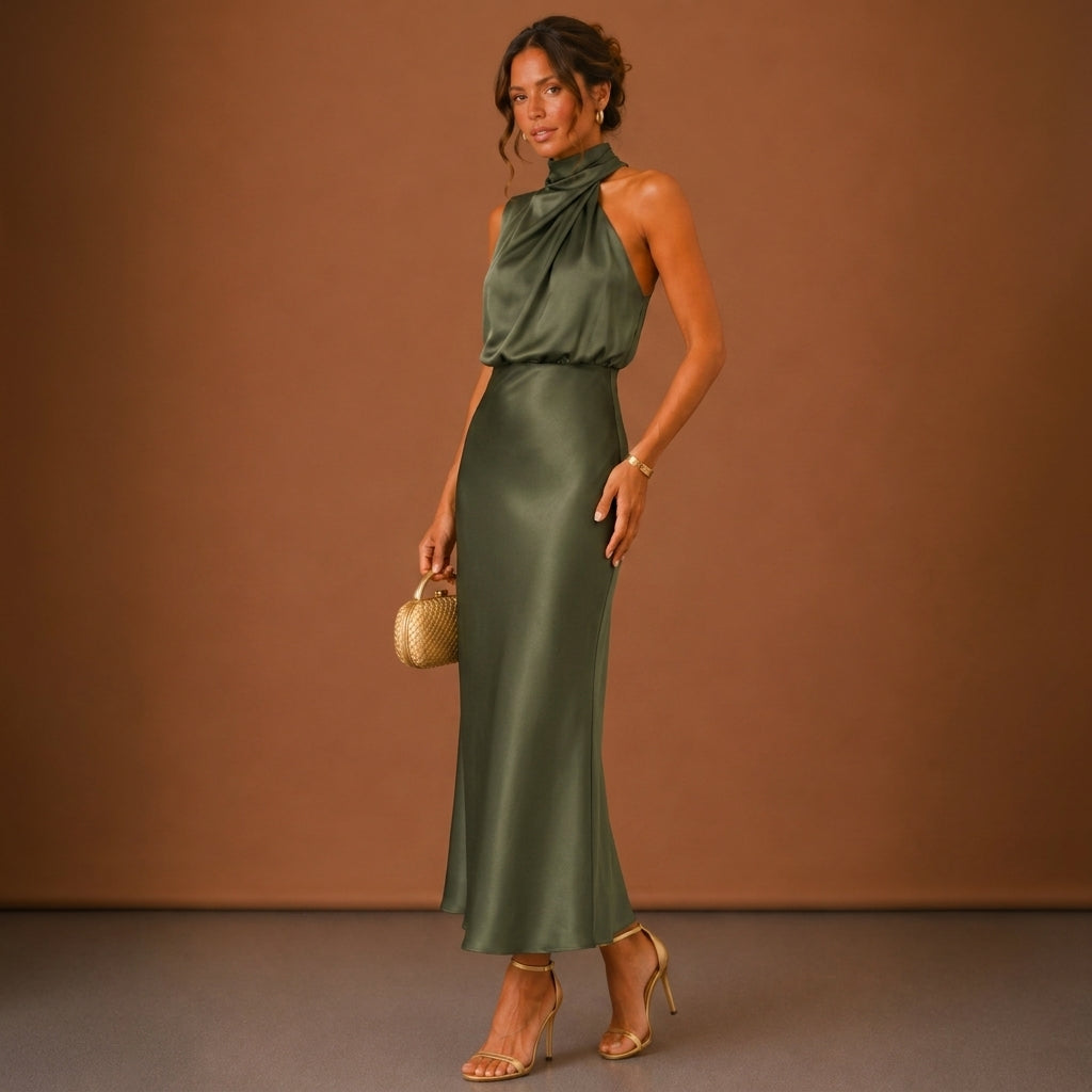 Women's Soraya Satin Maxi Dress in Green | Invictora.com