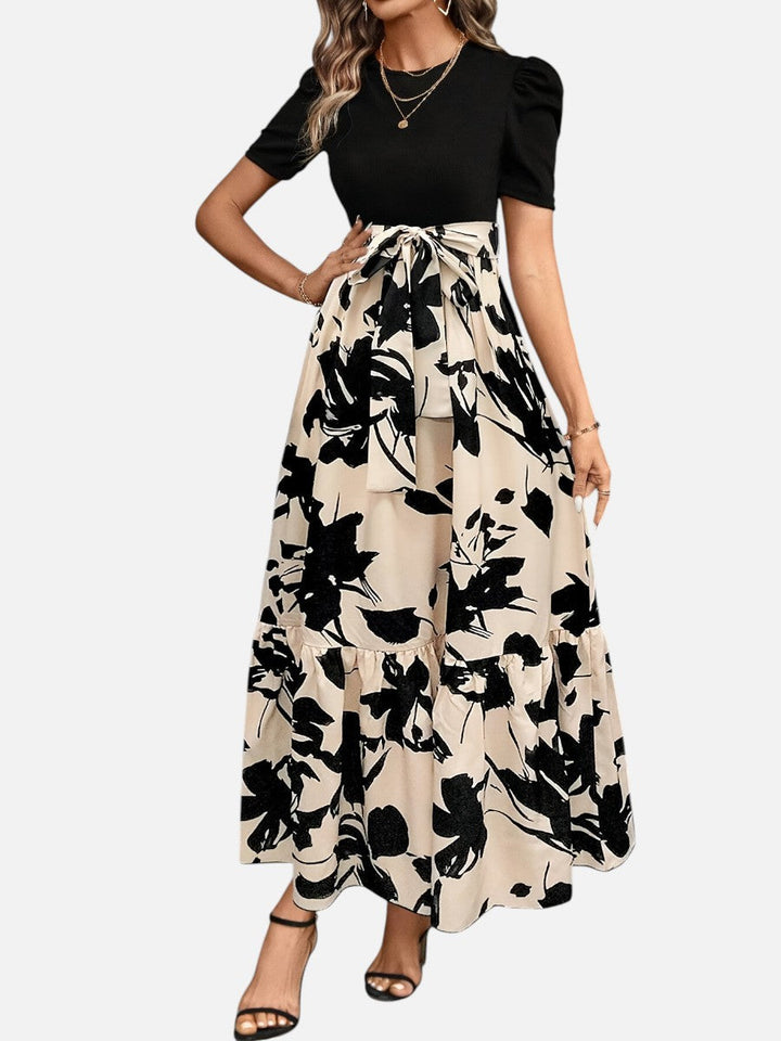 Women's Floral Midi Dress – Puff Sleeve Belted Waist in Beige | Invictora.com