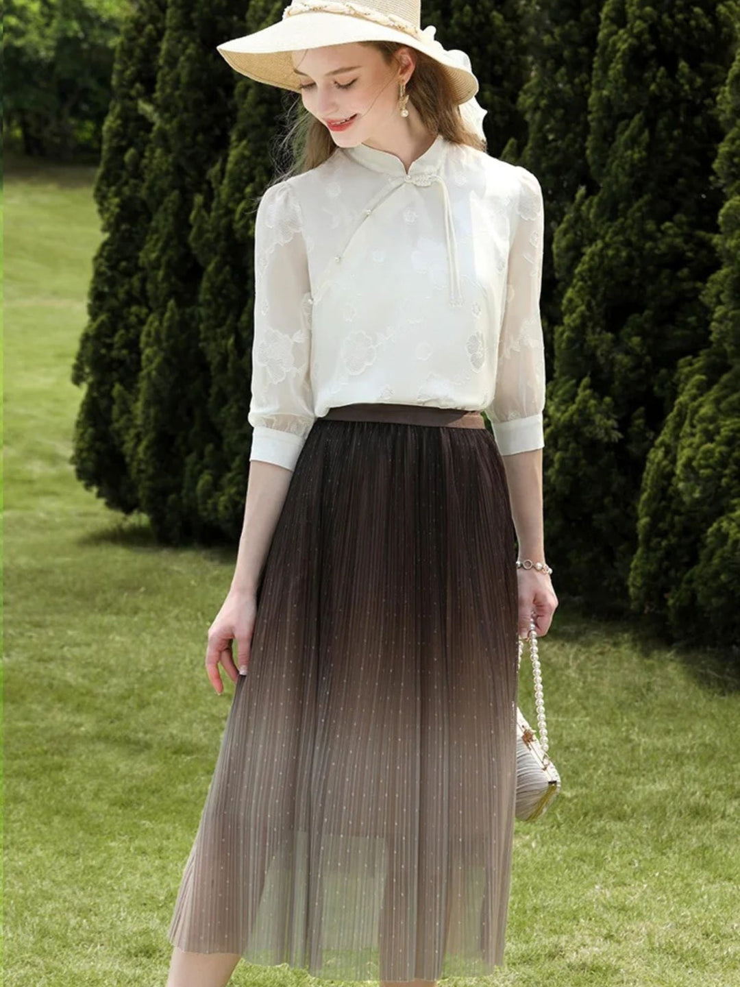 Women's Ombre Tulle Midi Skirt in Brown | Invictora.com