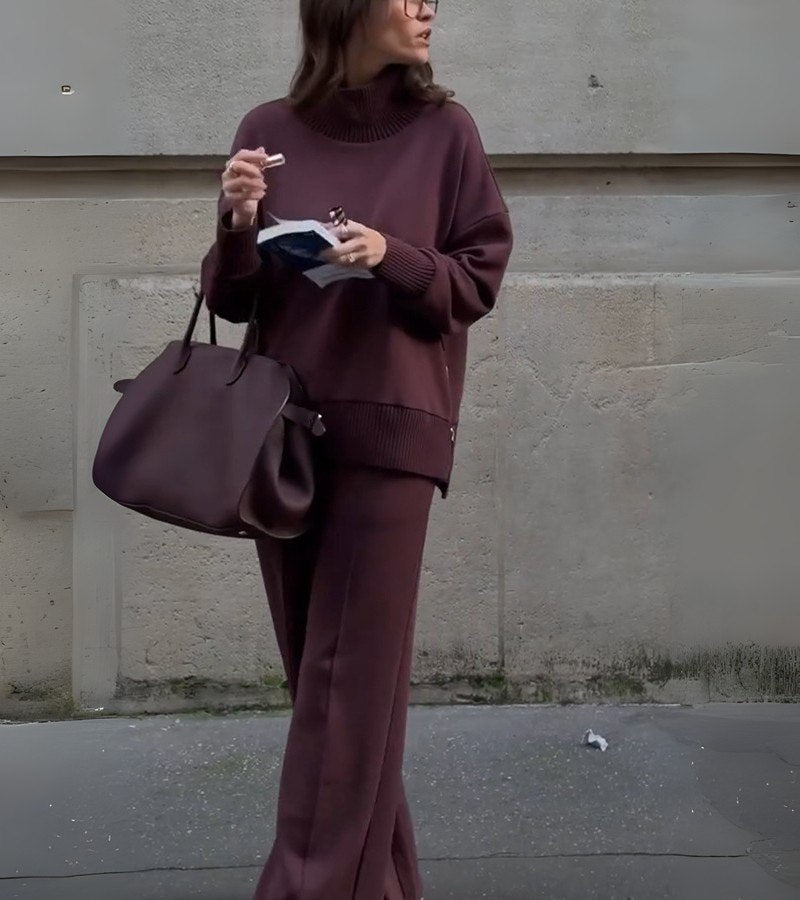 Women's Elowen – Two-Piece Knit Set in Deep Burgundy Brown in Red | Invictora.com