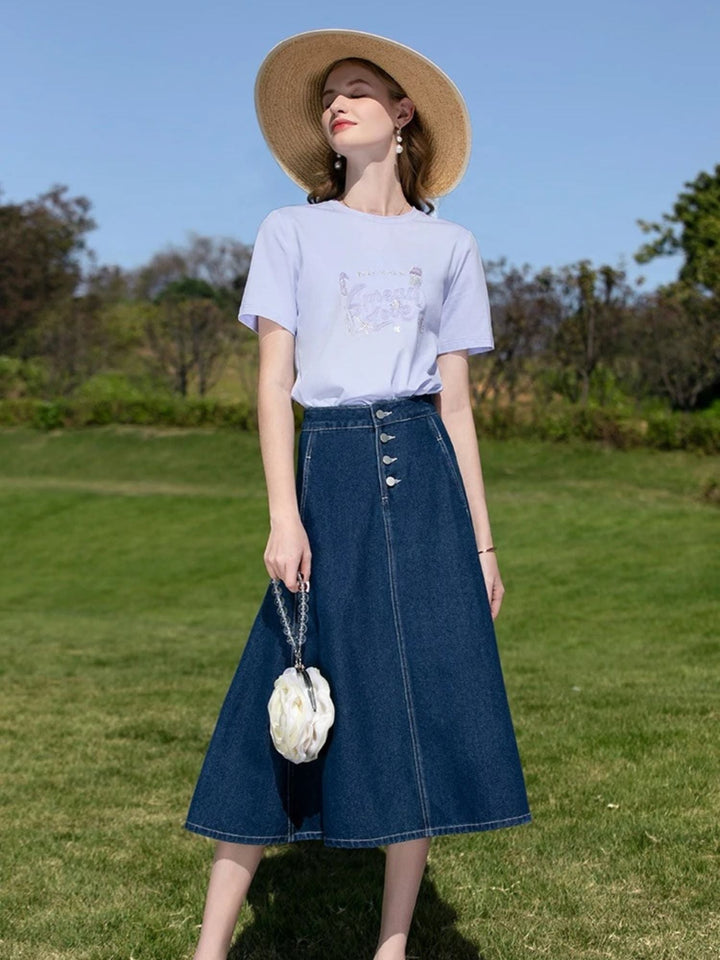 Women's Vintage High-Waisted Denim Midi Skirt product image | Invictora.com