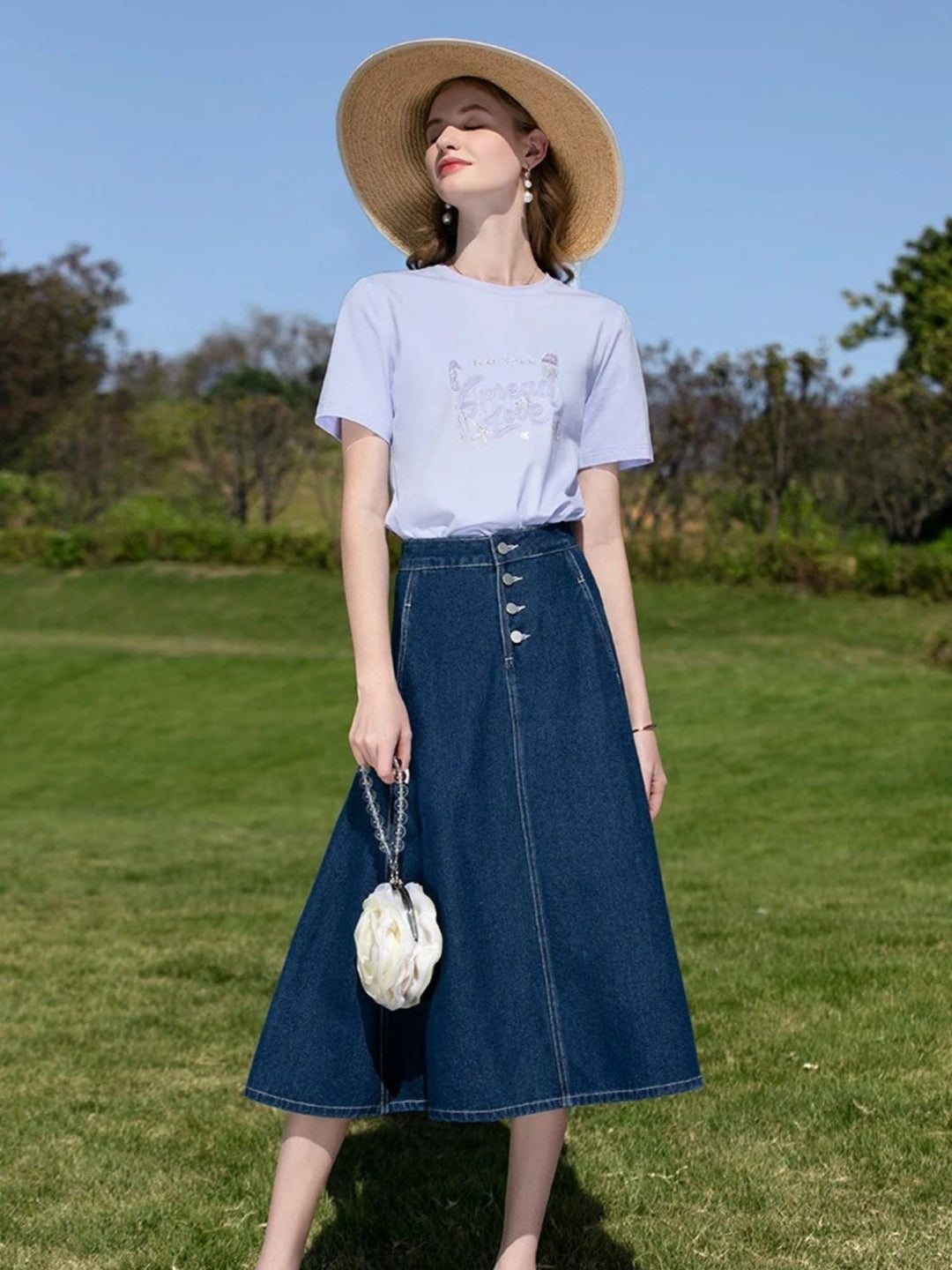 Women's Vintage High-Waisted Denim Midi Skirt in Denim Blue | Invictora.com