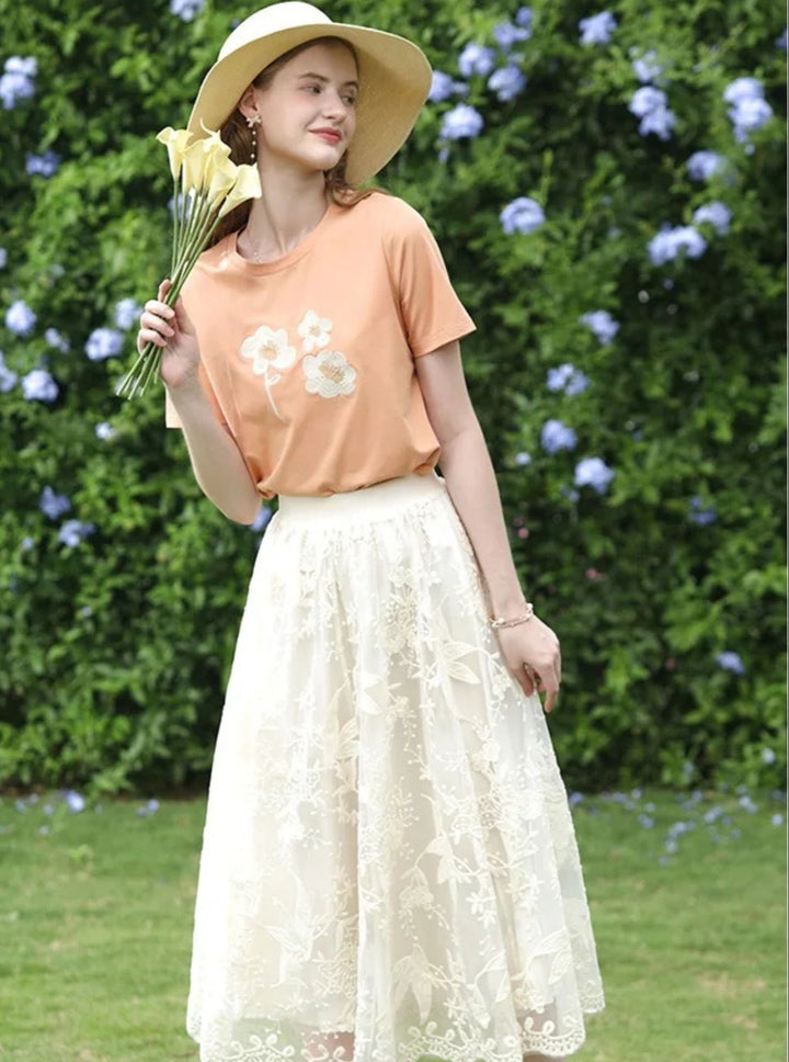 Women's Embroidered Lace Midi Skirt in White | Invictora.com