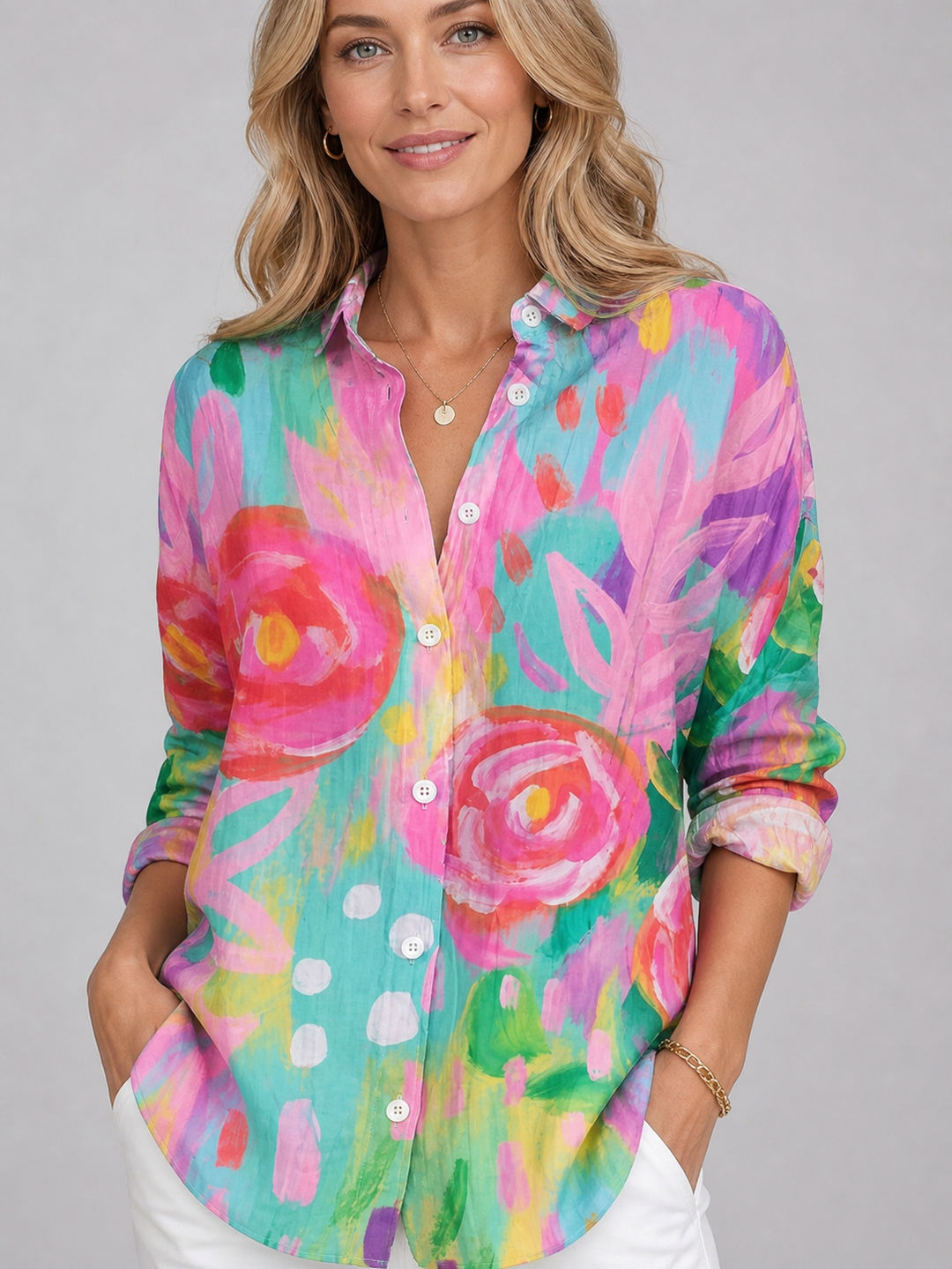 Women's Colourful Print Blouse – Relaxed Fit in Pink | Invictora.com