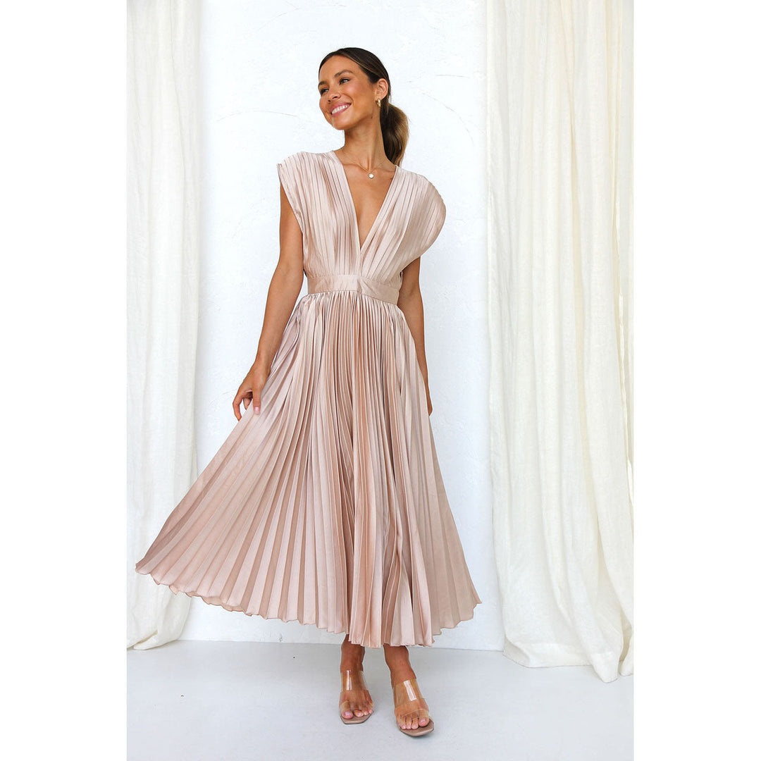 Women's Midi Dress – V-Neck Pleated Party