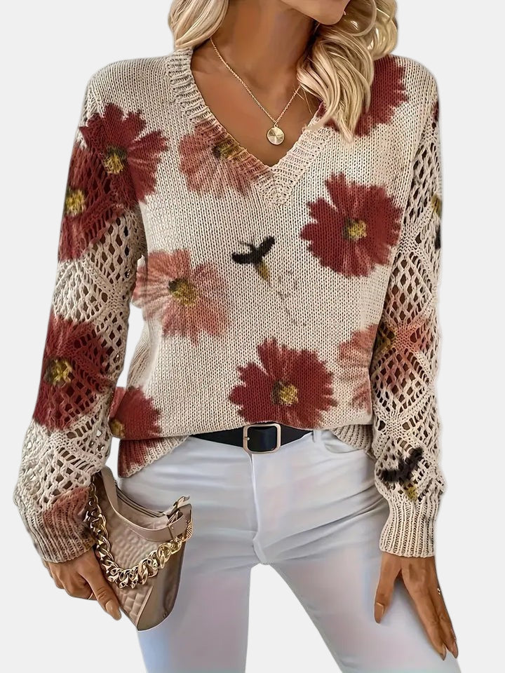 Women's Jumper – Floral Knit V-Neck