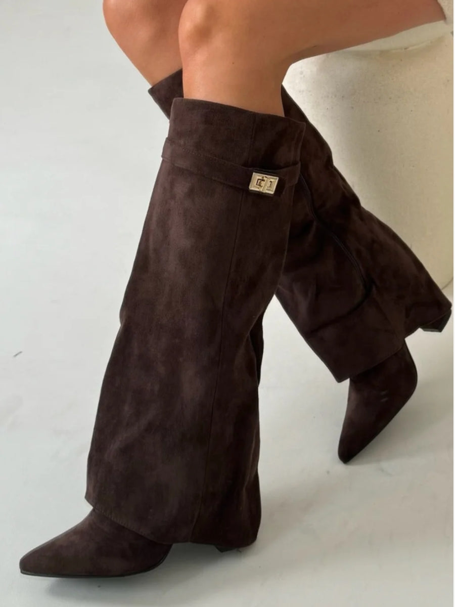 Women's Suede Fold-Over Boots - Golden Detail product image | Invictora.com