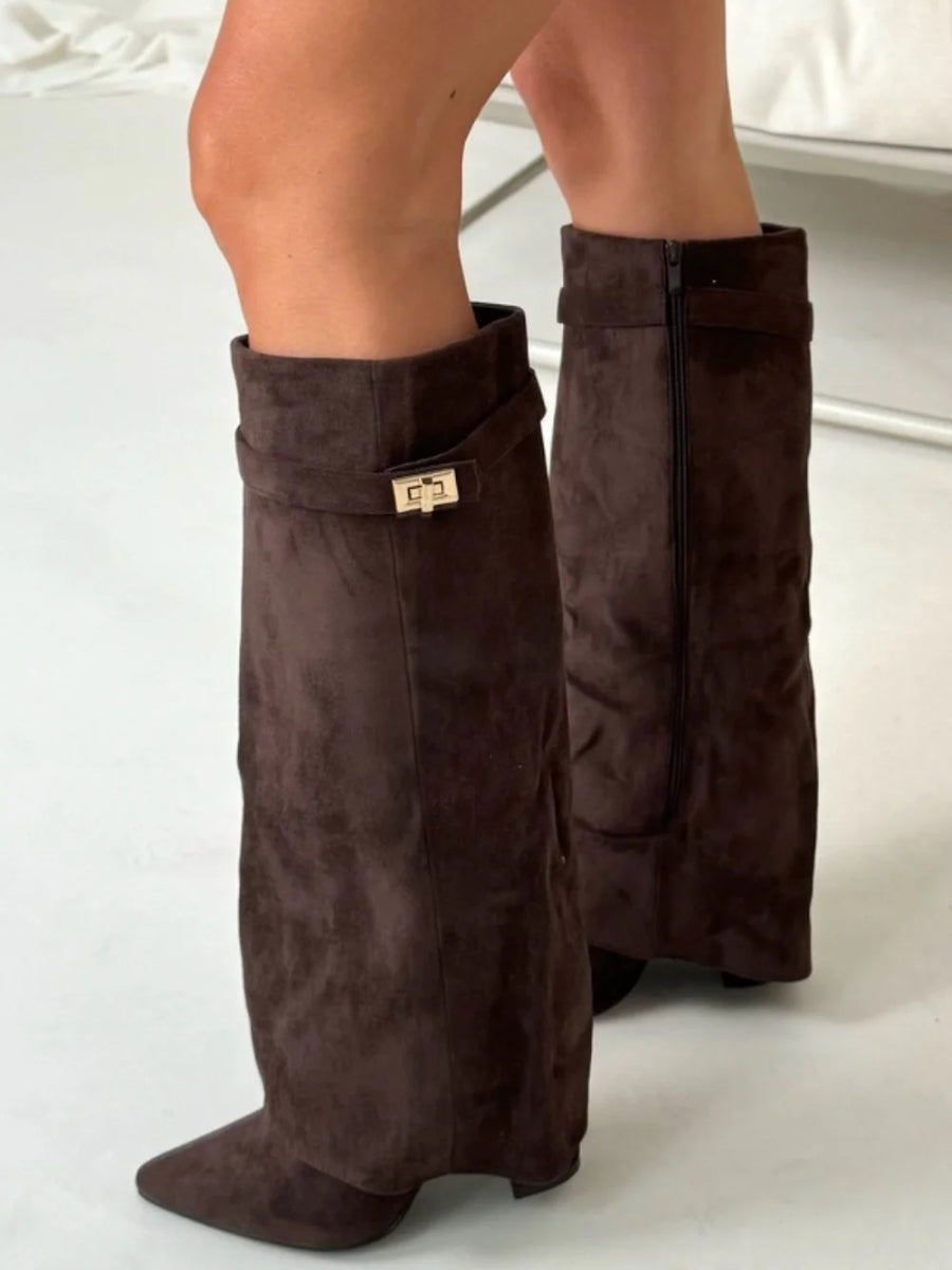 Women's Suede Fold-Over Boots - Golden Detail product image | Invictora.com