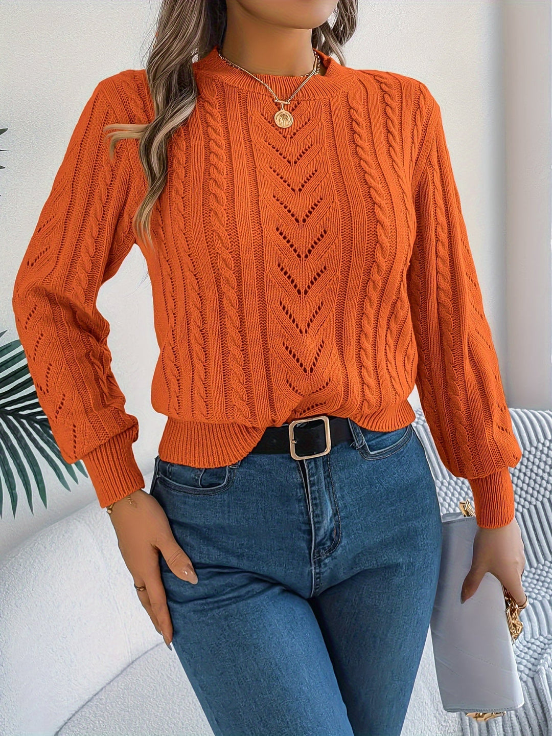 Women's Jumper – Textured Openwork Crew Neck Knit
