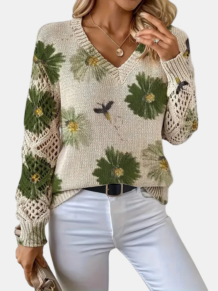 Women's Jumper – Floral Knit V-Neck
