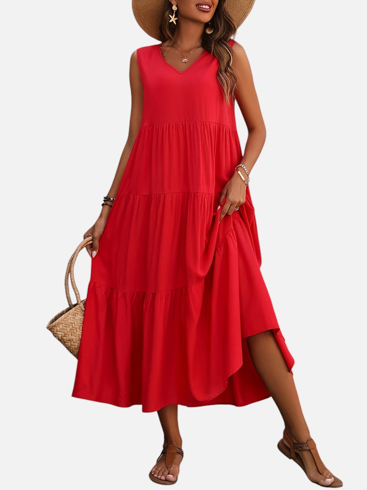 Women's V-Neck Tiered Maxi Dress – Effortless Summer Elegance in Red | Invictora.com