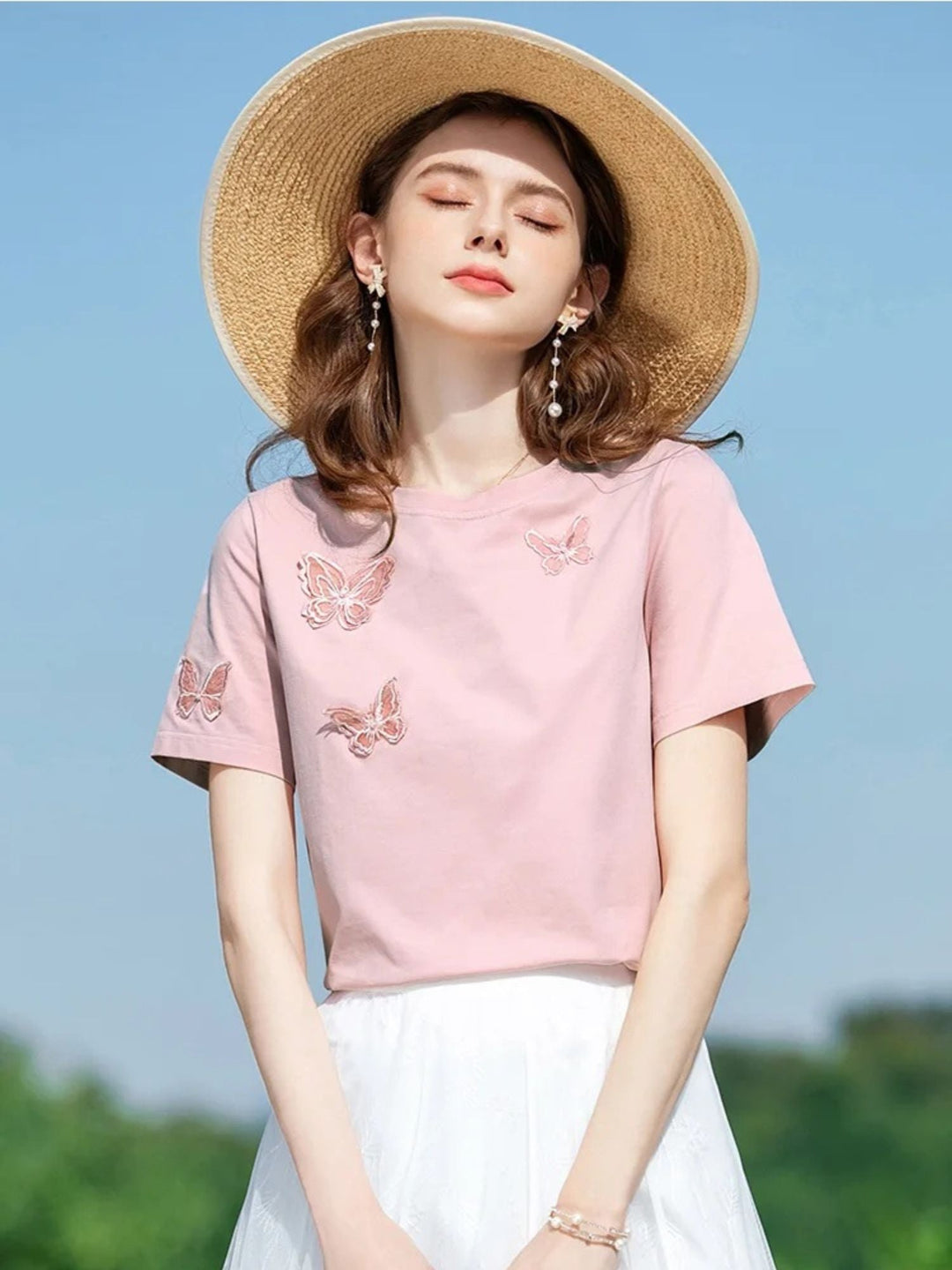Women's Summer T-Shirt with Butterfly Embroidery in Pink | Invictora.com