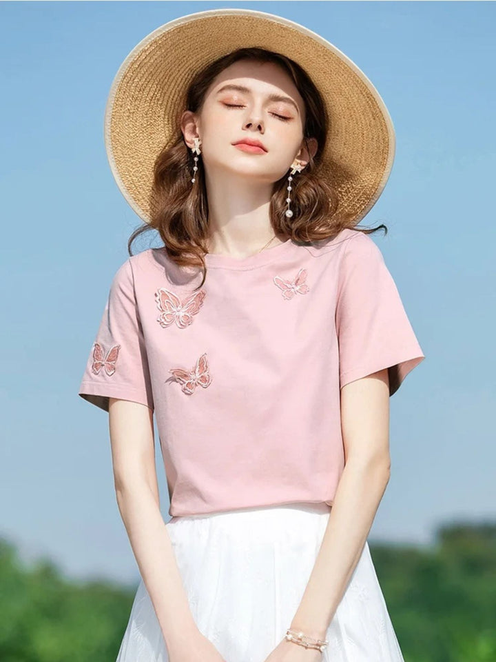Women's Summer T-Shirt with Butterfly Embroidery in Pink | Invictora.com