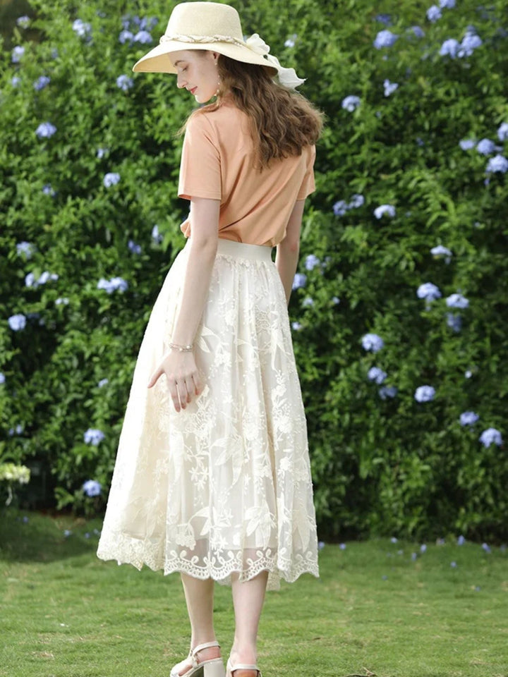 Women's Embroidered Lace Midi Skirt in White | Invictora.com