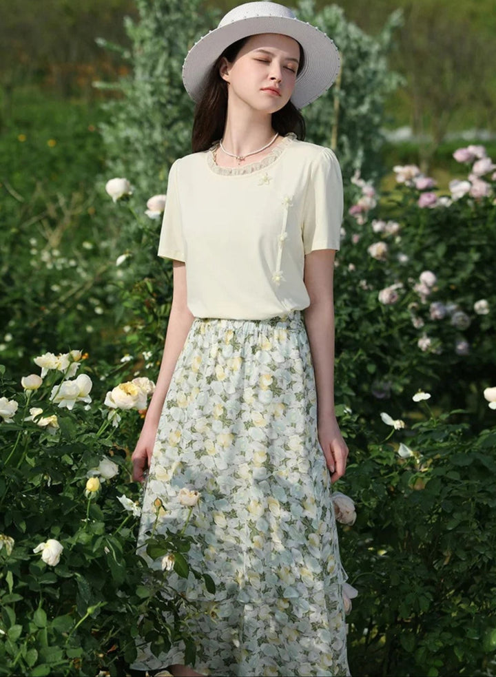 Women's Floral Chiffon Midi Skirt in Green | Invictora.com