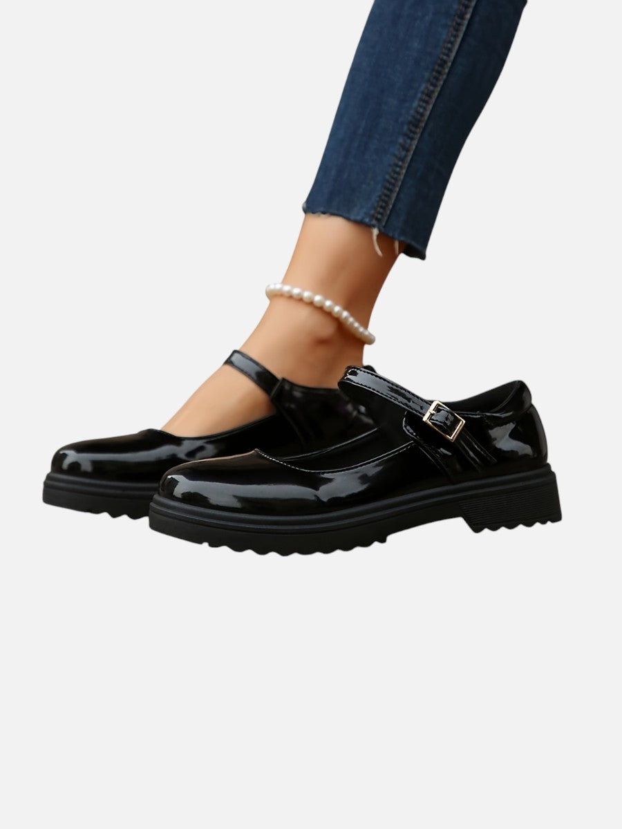 Women's Glossy Leather Look Mary Jane Loafers – Comfort Style in Black | Invictora.com