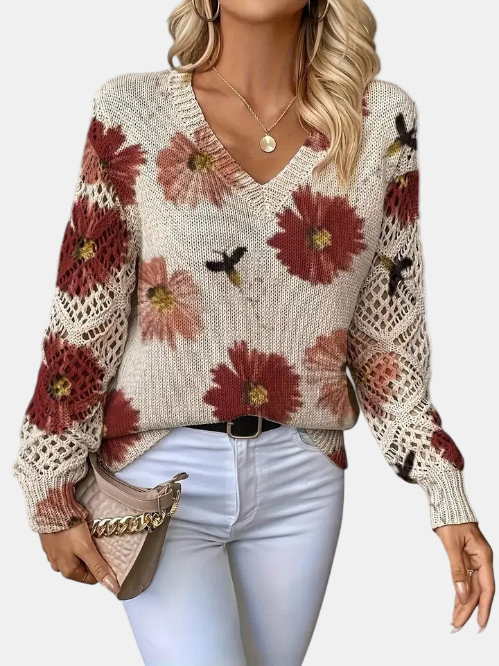 Women's Jumper – Floral Knit V-Neck