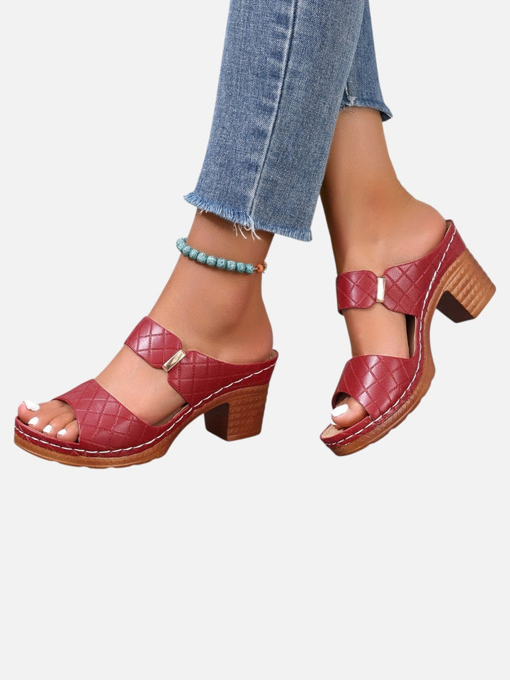 Women's Comfort Block Heel Sandals – Quilted Leather Look in Wine Red | Invictora.com
