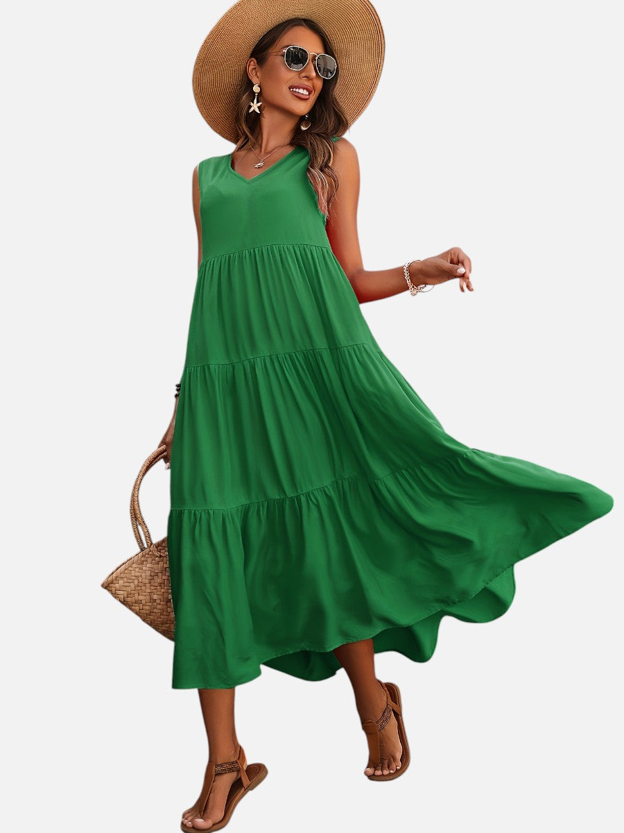 Women's V-Neck Tiered Maxi Dress – Effortless Summer Elegance in Black | Invictora.com